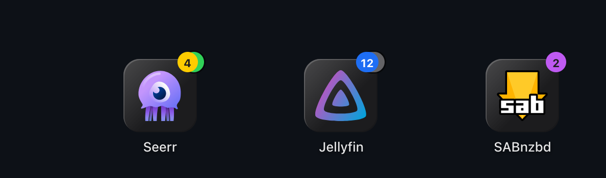 Three app tiles: two badges show a second pill behind them, one does not