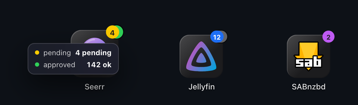 An app tile with its badge list open, showing pending and approved with their values